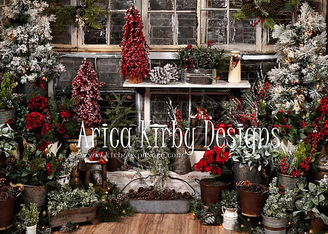 Kate Hiver Maison en Bois Arbre Noël Plantes Toile de fond conçue par Arica Kirby - Kate Backdrop FR