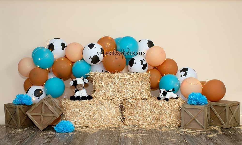Kate Cake smash Vache Bleu Marron Ballons Toile de fond Conçu par Valerie Miranda - Kate Backdrop FR