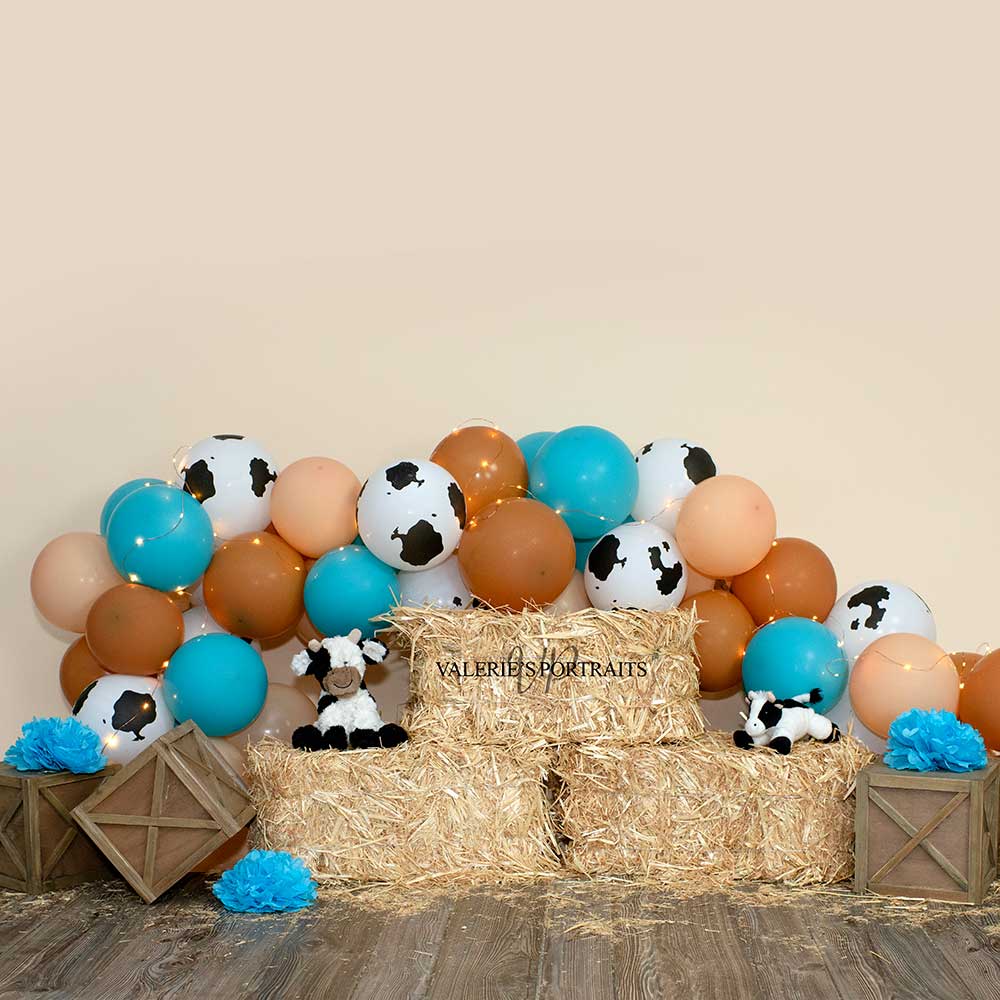 Kate Cake smash Vache Bleu Marron Ballons Toile de fond Conçu par Valerie Miranda - Kate Backdrop FR
