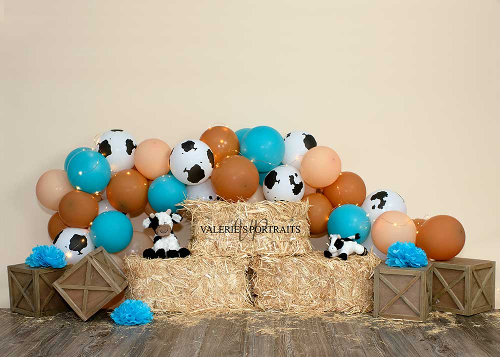 Kate Cake smash Vache Bleu Marron Ballons Toile de fond Conçu par Valerie Miranda - Kate Backdrop FR