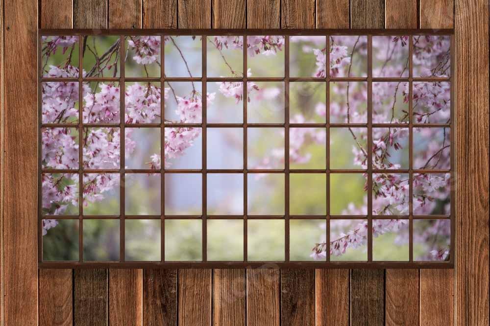 Kate Printemps Fenêtre Mur en bois Fleurs Toile de fond conçue par Chain Photography - Kate Backdrop FR