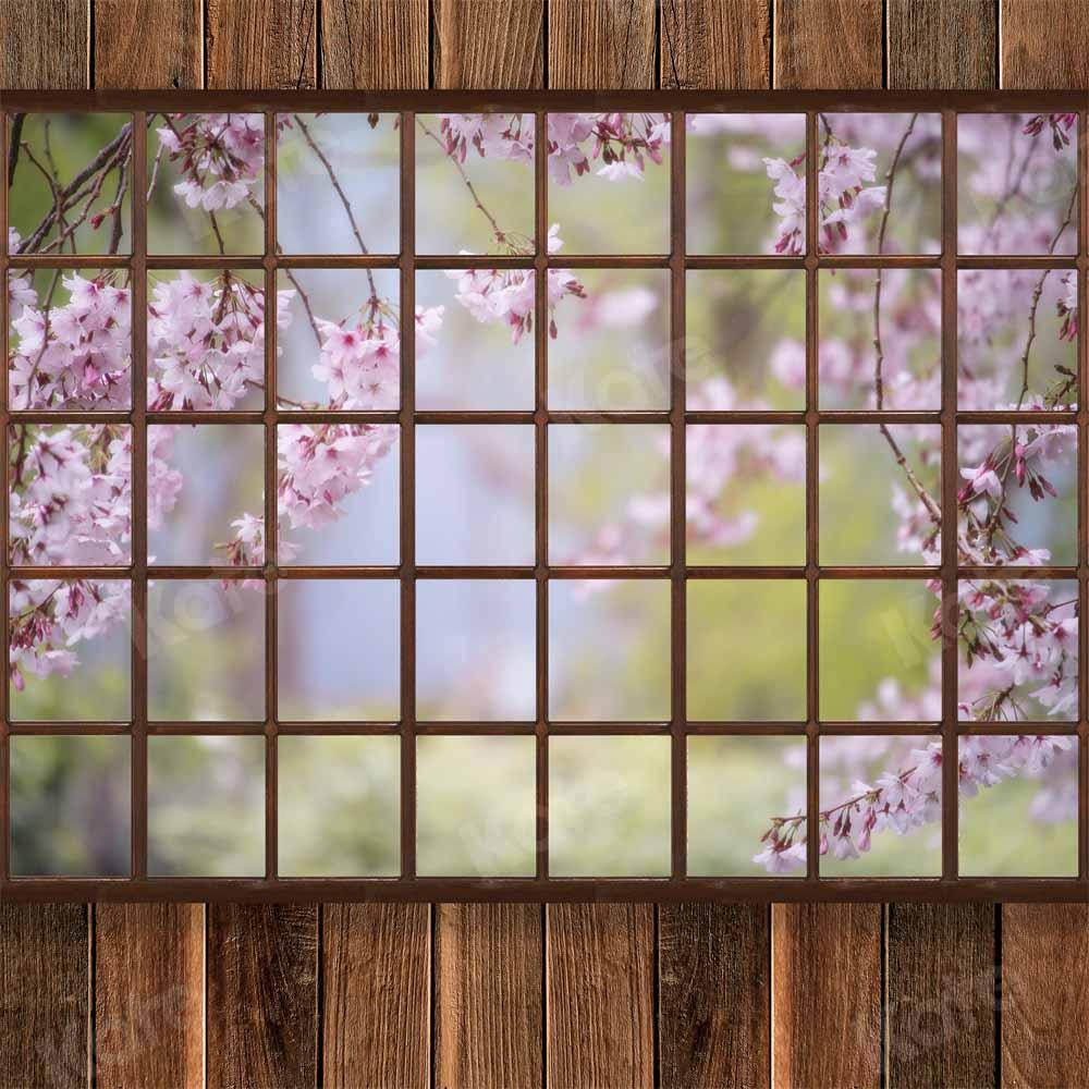 Kate Printemps Fenêtre Mur en bois Fleurs Toile de fond conçue par Chain Photography - Kate Backdrop FR