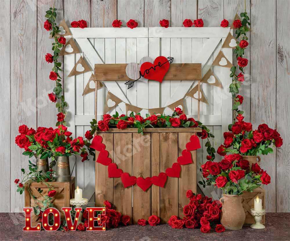 Kate Porte en bois Étagère Roses rouges Saint-Valentin Toile de fond conçue par Emetselch - Kate Backdrop FR