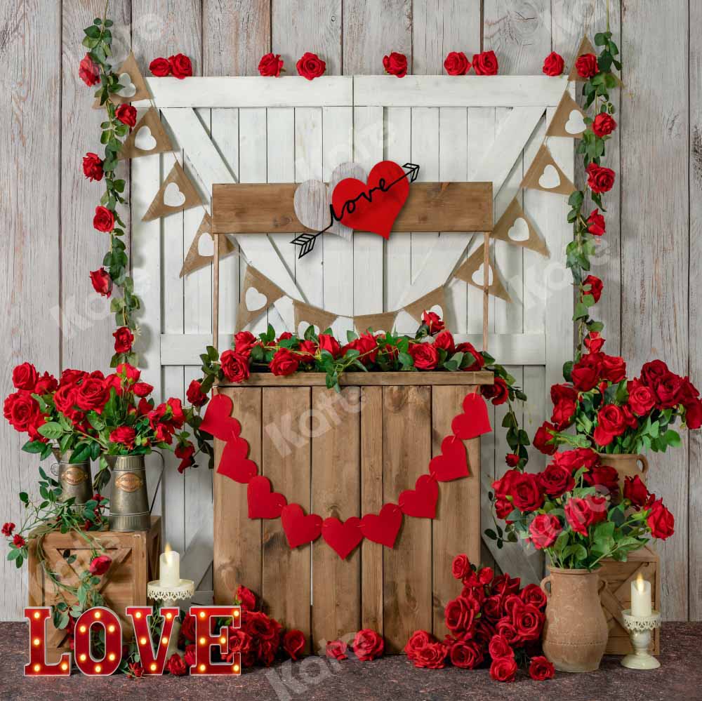 Kate Porte en bois Étagère Roses rouges Saint-Valentin Toile de fond conçue par Emetselch - Kate Backdrop FR