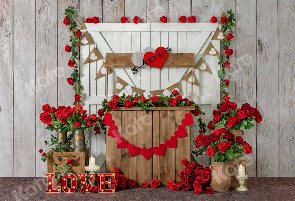 Kate Porte en bois Étagère Roses rouges Saint-Valentin Toile de fond conçue par Emetselch - Kate Backdrop FR