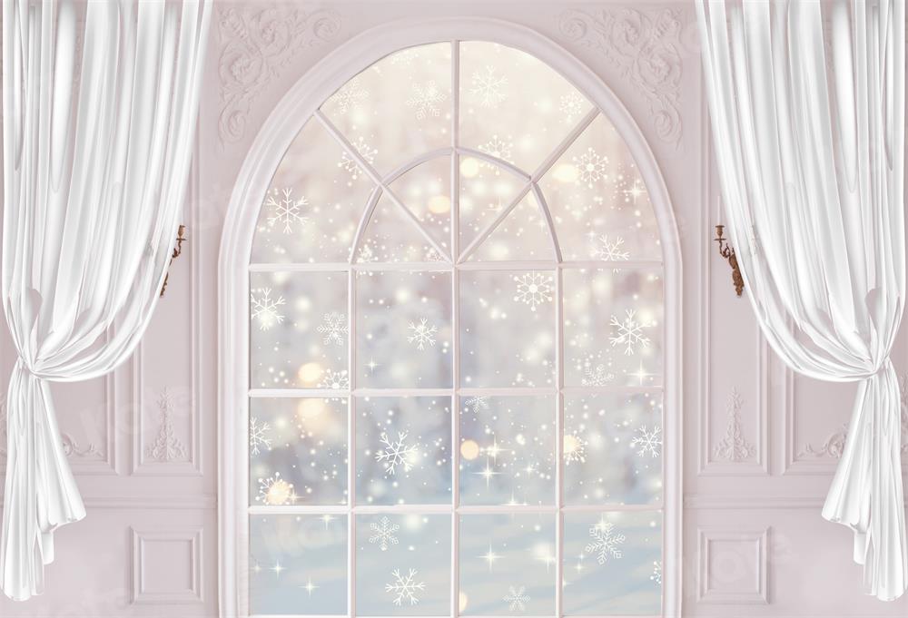 Kate Fenêtre Flocon de neige Hiver Rideaux Blanc Toile de fond pour la photographie