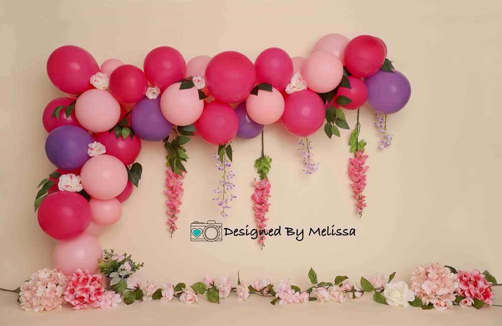 Kate Fleurs Ballon Rose Violet Anniversaire Toile de fond conçue par melissa king - Kate Backdrop FR