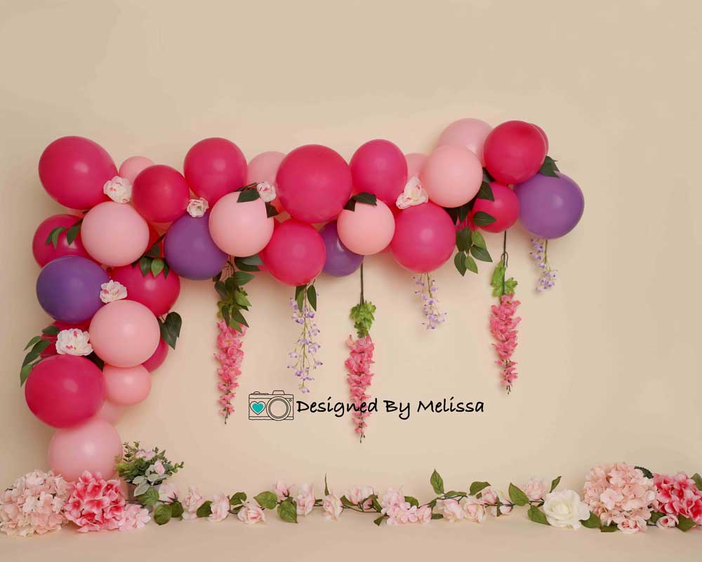 Kate Fleurs Ballon Rose Violet Anniversaire Toile de fond conçue par melissa king - Kate Backdrop FR