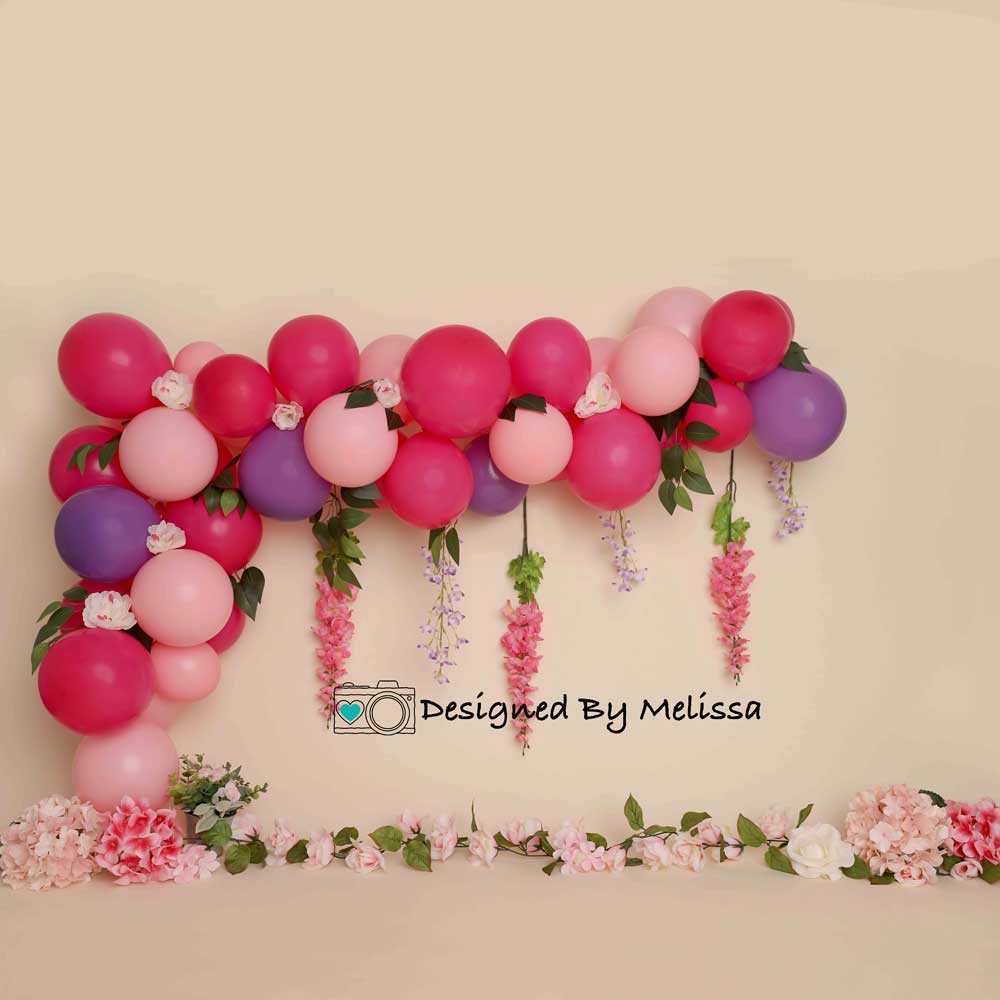 Kate Fleurs Ballon Rose Violet Anniversaire Toile de fond conçue par melissa king - Kate Backdrop FR