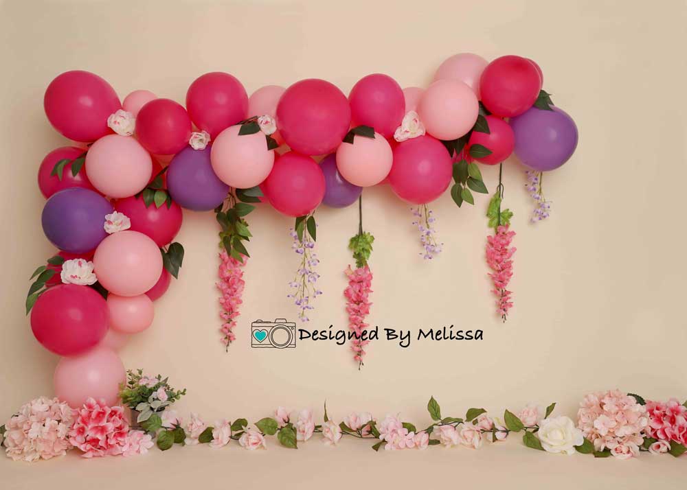 Kate Fleurs Ballon Rose Violet Anniversaire Toile de fond conçue par melissa king - Kate Backdrop FR