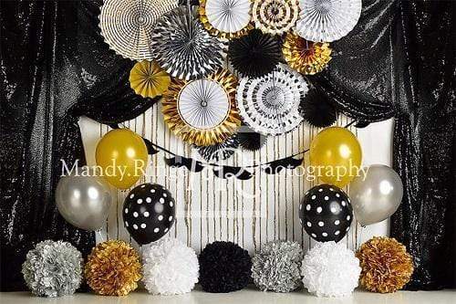 Kate 1er Anniversaire Ballons Noir Blanc Toile de fond conçue par Mandy Ringe - Kate Backdrop FR