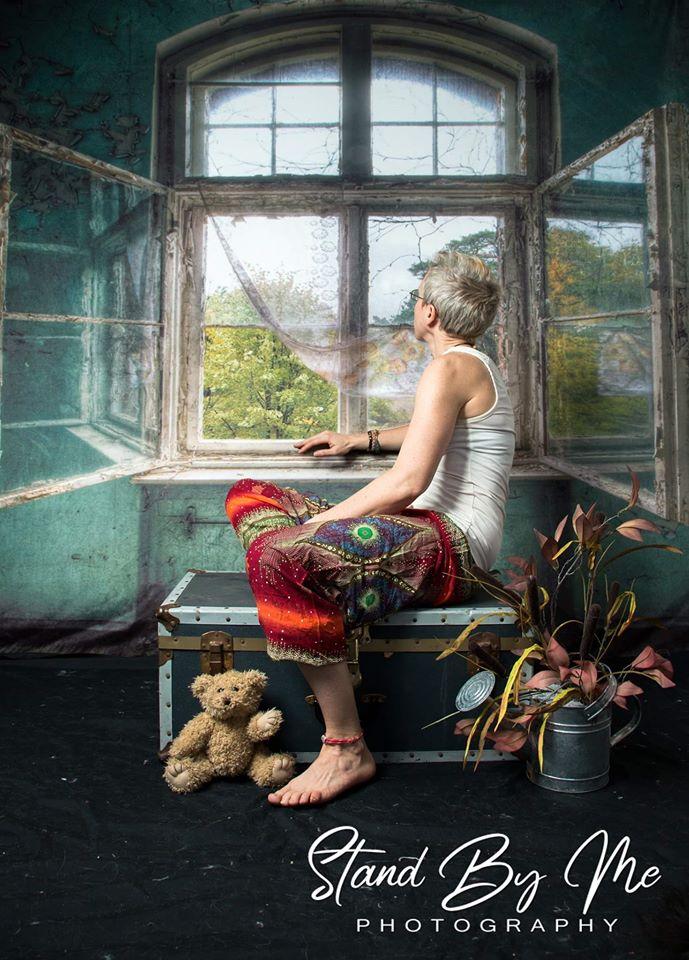 Kate Rétro Bâtiment Intérieur Gris Bleu Fenêtre Toile de fond pour la photographie - Kate Backdrop FR