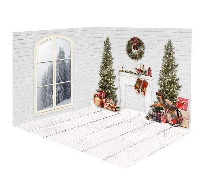 Kate Cheminée Noël Mur de briques Blanc Fenêtre Ensemble de chambre (8pix8pi&10pix8pi&8pix10pi) - Kate Backdrop FR
