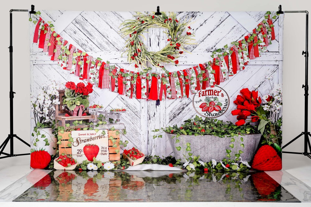 Kate Été Mur en Bois Blanc Fraise Bannière Anniversaire Toile de fond pour la photographie - Kate Backdrop FR