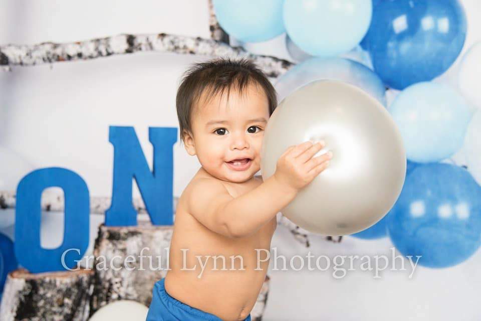 Katebackdrop£ºKate Birchy Blue Balloons First Birthday Backdrop Designed by Arica Kirby