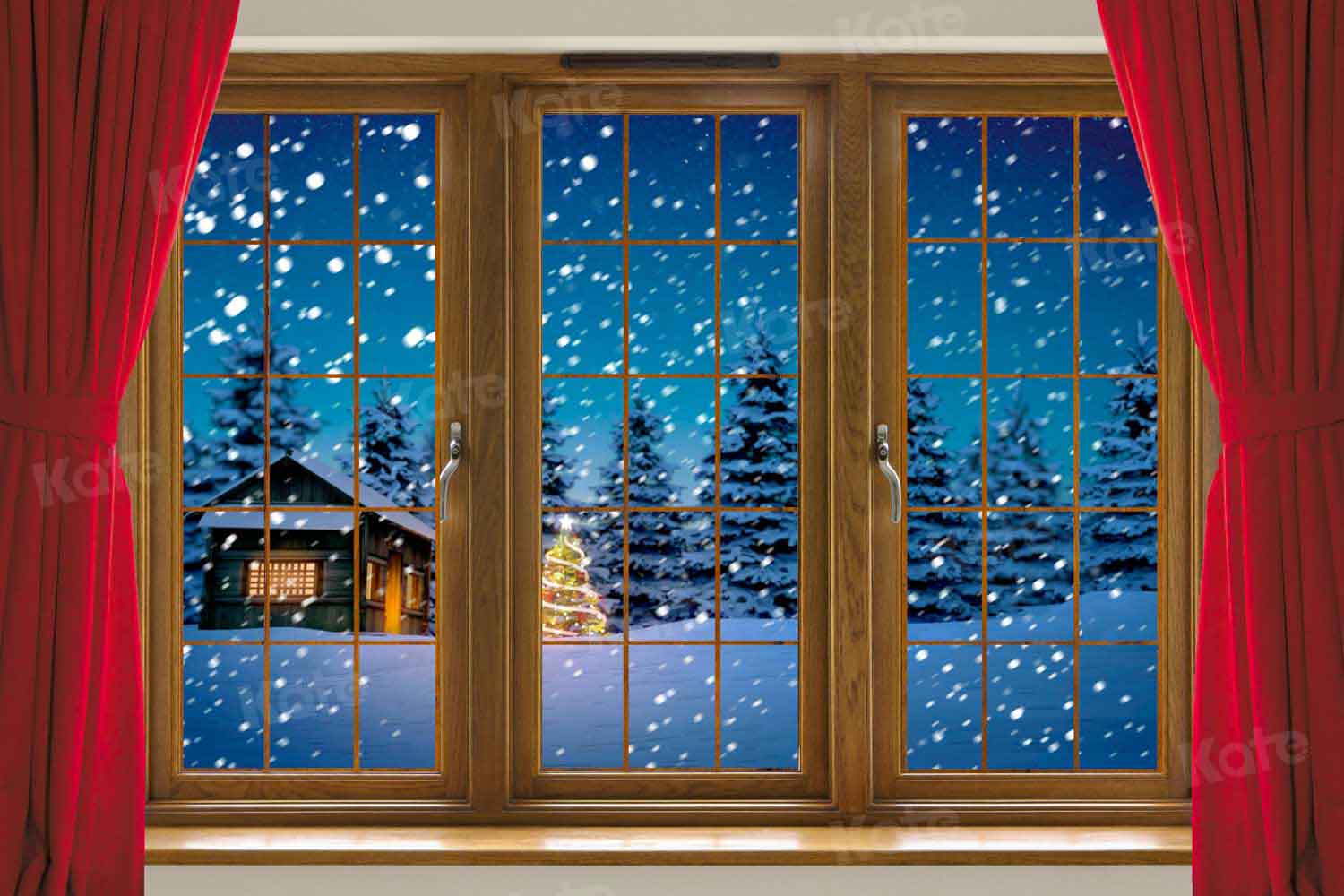 Kate Rideau rouge Noël Hiver Fenêtre Toile de fond conçu par Chain Photography - Kate Backdrop FR