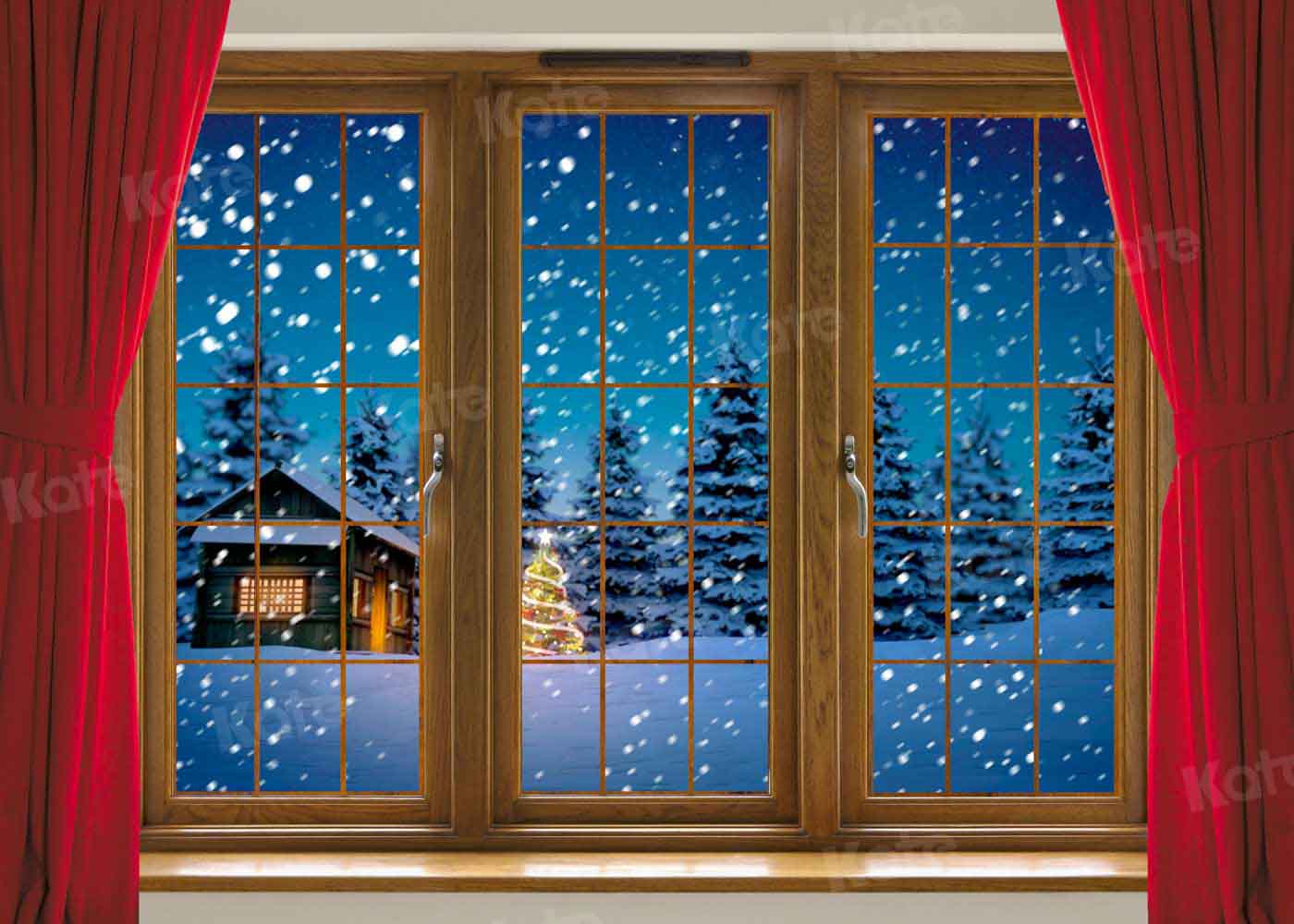 Kate Rideau rouge Noël Hiver Fenêtre Toile de fond conçu par Chain Photography - Kate Backdrop FR