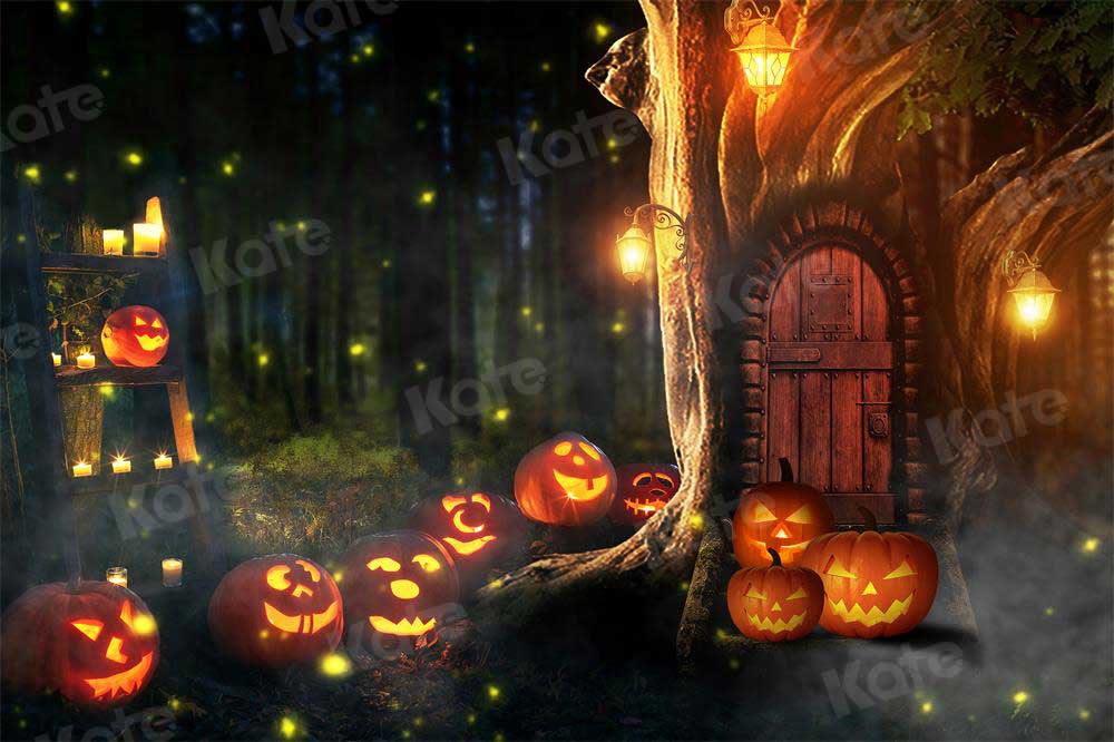 Kate Halloween citrouille toile de fond automne forêt arbre trou pour la photographie