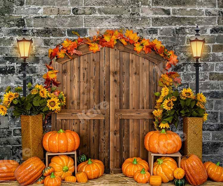 Kate Porte Grange Mur de brique Citrouille Automne Toile de fond conçue par Emetselch - Kate Backdrop FR