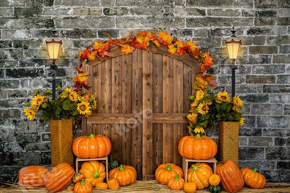 Kate Porte Grange Mur de brique Citrouille Automne Toile de fond conçue par Emetselch - Kate Backdrop FR
