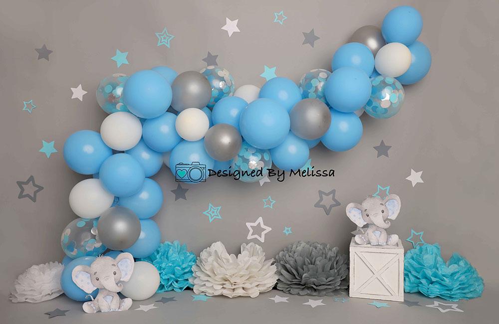 Kate Mur gris Éléphant Cake smash Ballon Bleu Toile de fond conçu par Melissa King - Kate Backdrop FR
