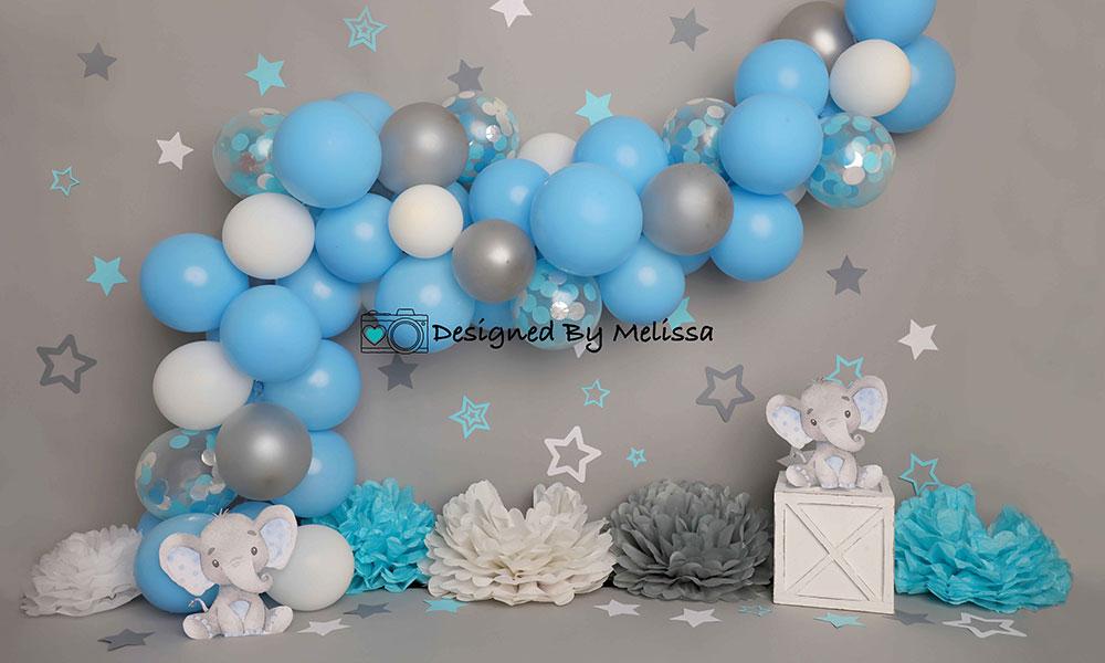 Kate Mur gris Éléphant Cake smash Ballon Bleu Toile de fond conçu par Melissa King - Kate Backdrop FR