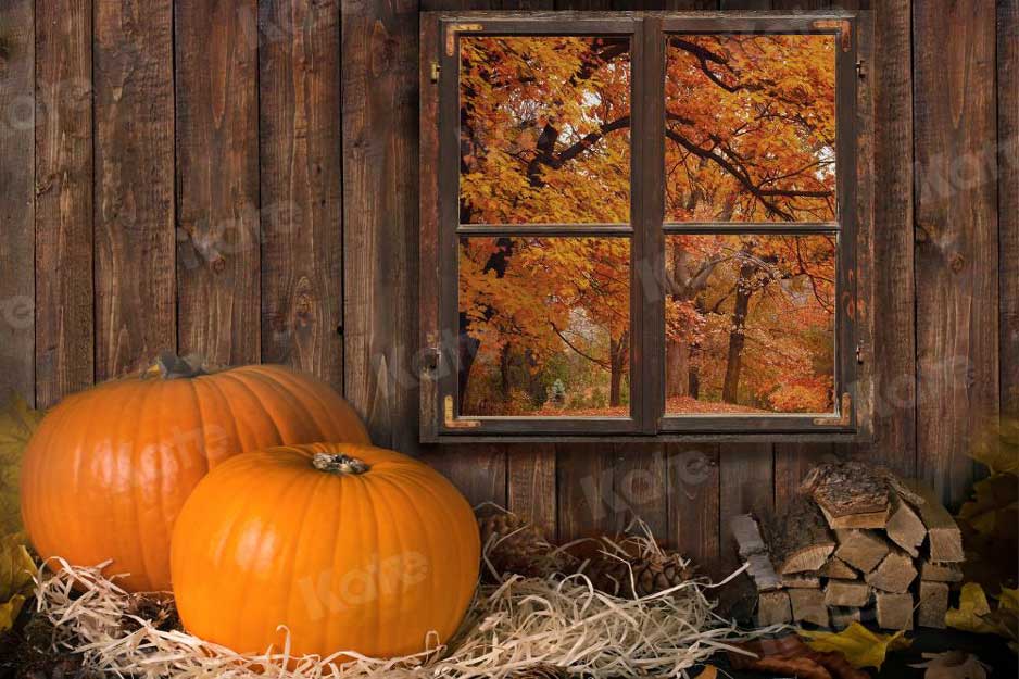 Kate Automne Halloween Ferme Citrouilles Bois Toile de fond pour la photographie - Kate Backdrop FR