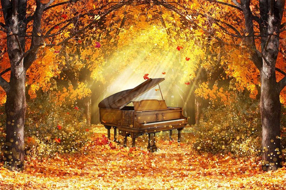 Kate Feuilles Jaune Piano Forêt Automne Toile de fond pour la photographie - Kate Backdrop FR
