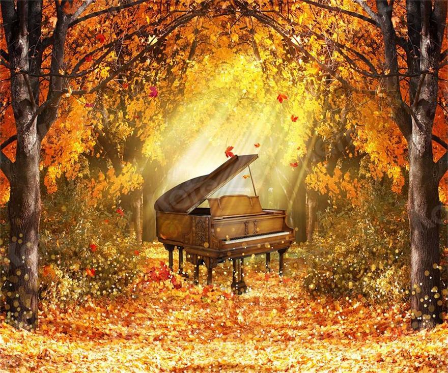 Kate Feuilles Jaune Piano Forêt Automne Toile de fond pour la photographie - Kate Backdrop FR