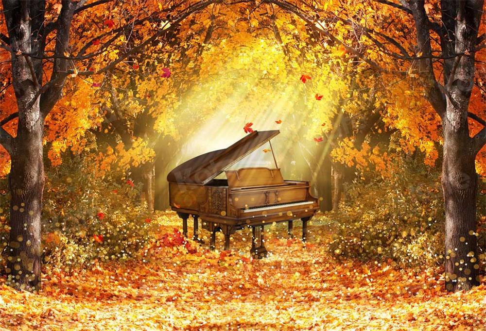 Kate Feuilles Jaune Piano Forêt Automne Toile de fond pour la photographie - Kate Backdrop FR