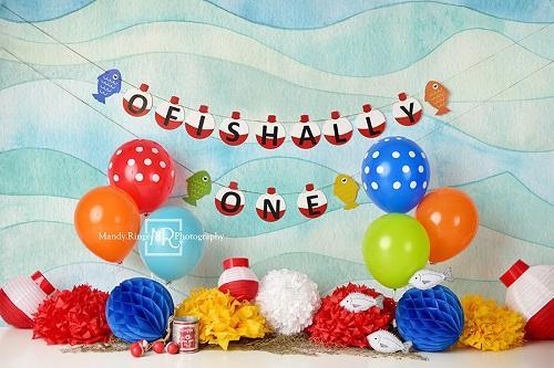 Kate 1er anniversaire Pêcher Ballons Mer Bleu Toile de fond conçue par Mandy Ringe - Kate Backdrop FR