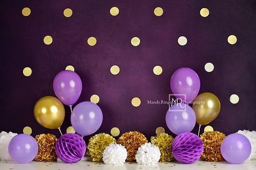 Kate Anniversaire Ballons Pois Violet & Doré Toile de fond conçue par Mandy Ringe - Kate Backdrop FR
