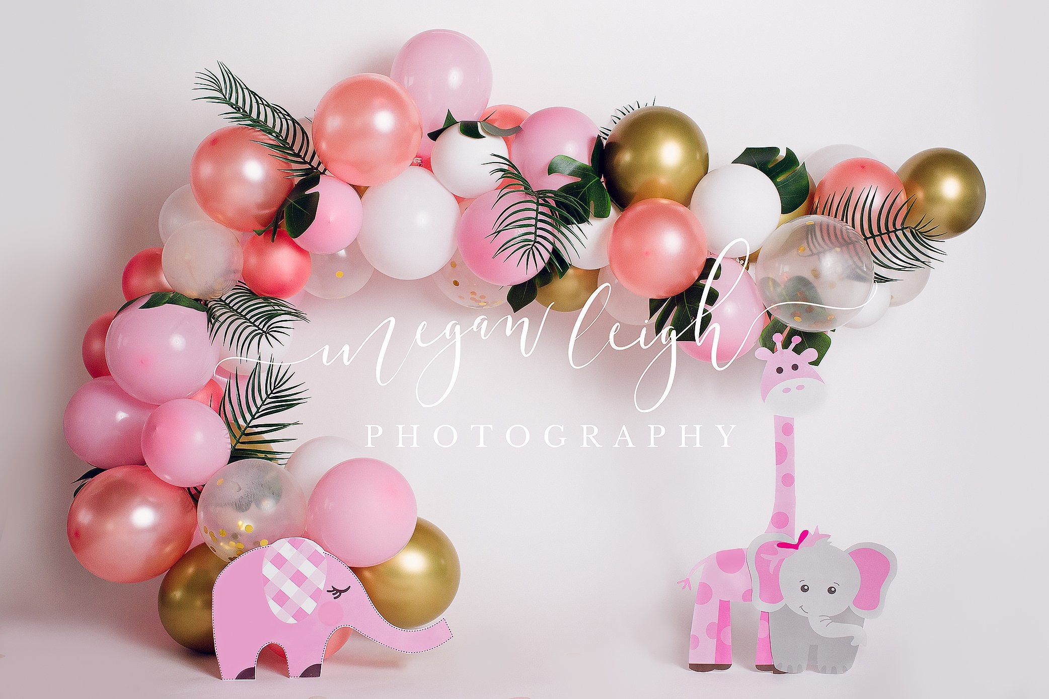 Kate Ballons Safari Rose Enfant Anniversaire Animaux Toile de fond conçue par Megan Leigh - Kate Backdrop FR