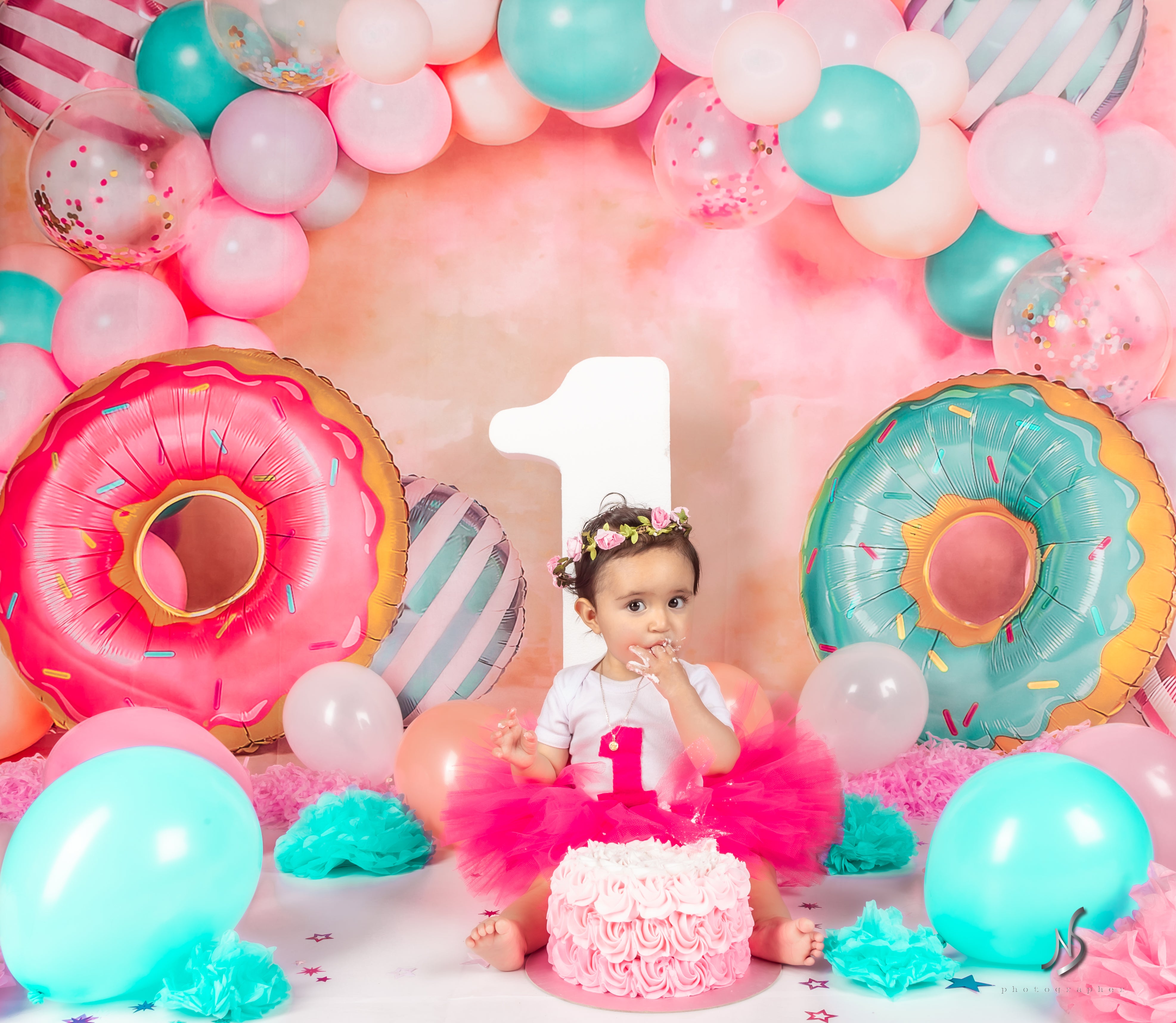 Kate Ballons Cake smash Donut Anniversaire Toile de fond conçu par Emetselch - Kate Backdrop FR