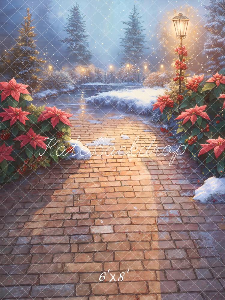 Kate Hiver Chemin Brique Poinsettia Toile de fond conçue par Emetselch - Kate Backdrop FR