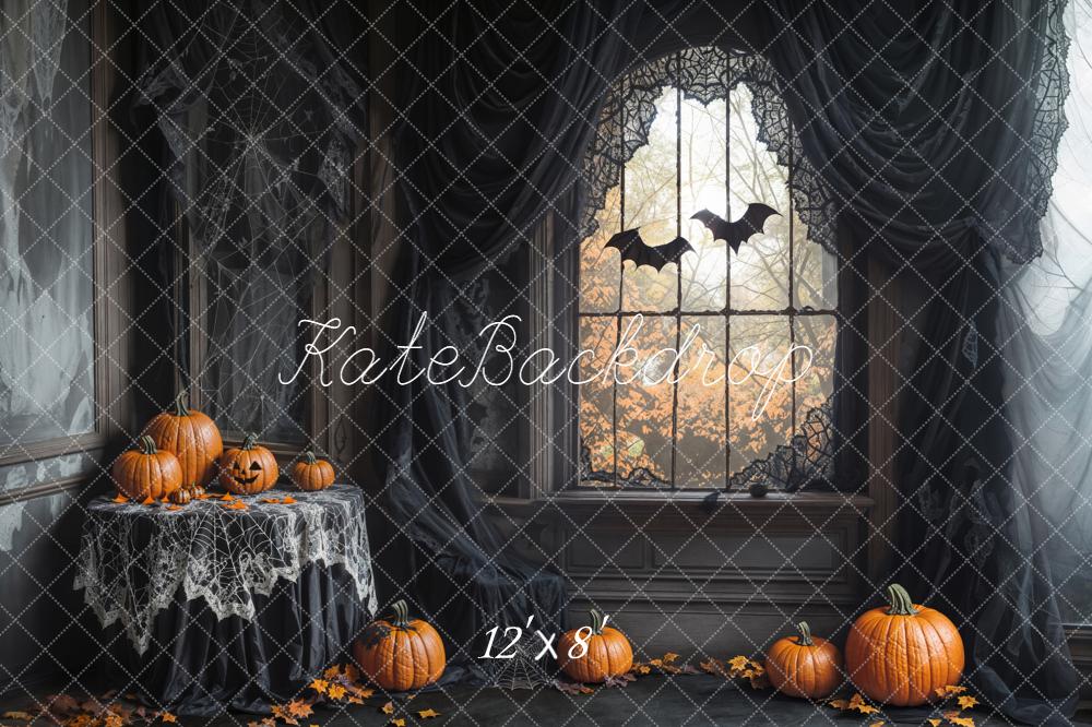 Kate Halloween Citrouilles Fenêtre Noir Toile de fond conçue par Emetselch - Kate Backdrop FR
