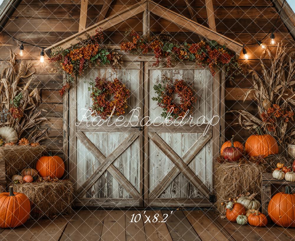 Kate Automne Citrouilles Foin Grange Toile de fond en Laine conçue par Emetselch