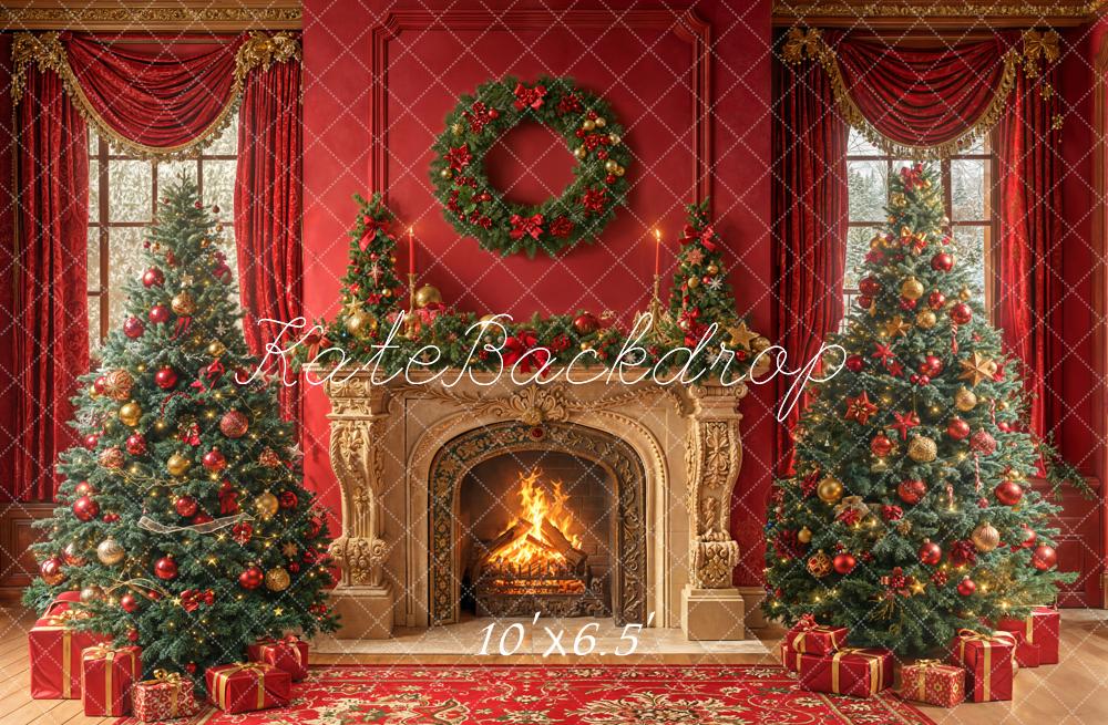 Kate Noël Cheminée Sapins Cadeaux Toile de fond en Laine conçue par Emetselch - Kate Backdrop FR
