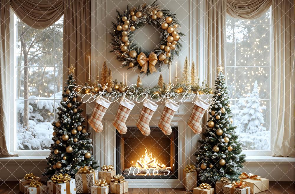 Kate Noël Blanc Cheminée Sapins Cadeaux Toile de fond conçue par Mini MakeBelieve - Kate Backdrop FR