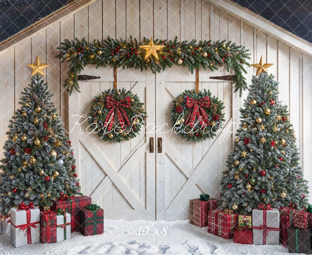 Kate Noël Sapins Cadeaux Grange Neige Toile de fond en Laine conçue par Emetselch - Kate Backdrop FR