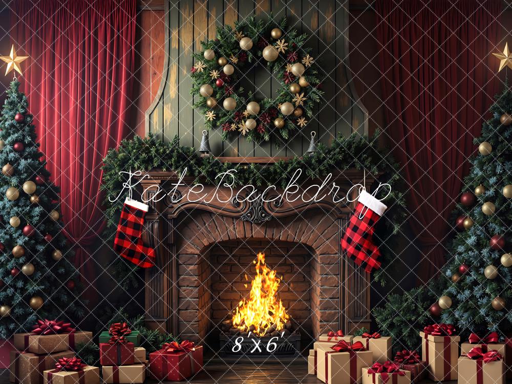 Kate Noël Vintage Cheminée Sapin Cadeaux Toile de fond conçue par Mini MakeBelieve - Kate Backdrop FR