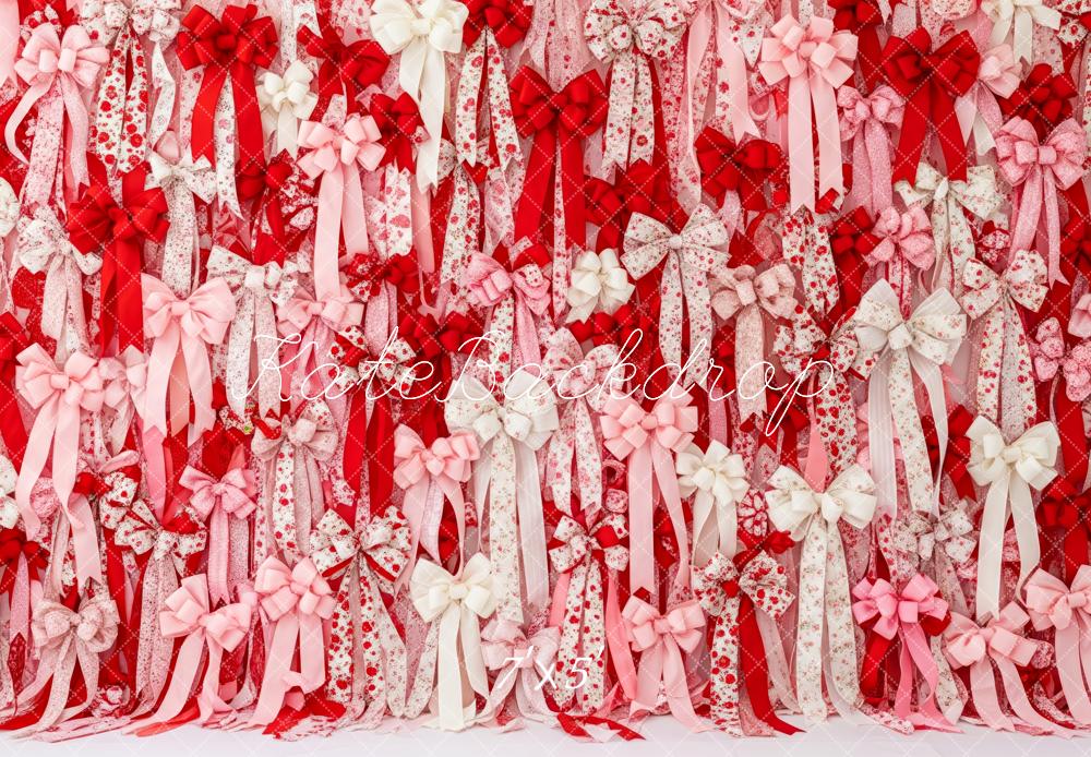 Kate La Saint Valentin Rubans Nœuds Roses Rouges Toile de fond conçue par Patty Roberts - Kate Backdrop FR