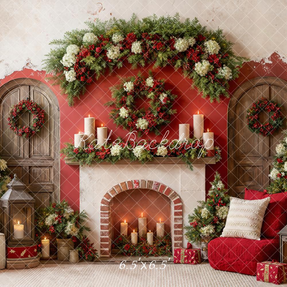 Kate Noël Cheminée Bougies Porte Sapins Toile de fond conçue par Emetselch - Kate Backdrop FR