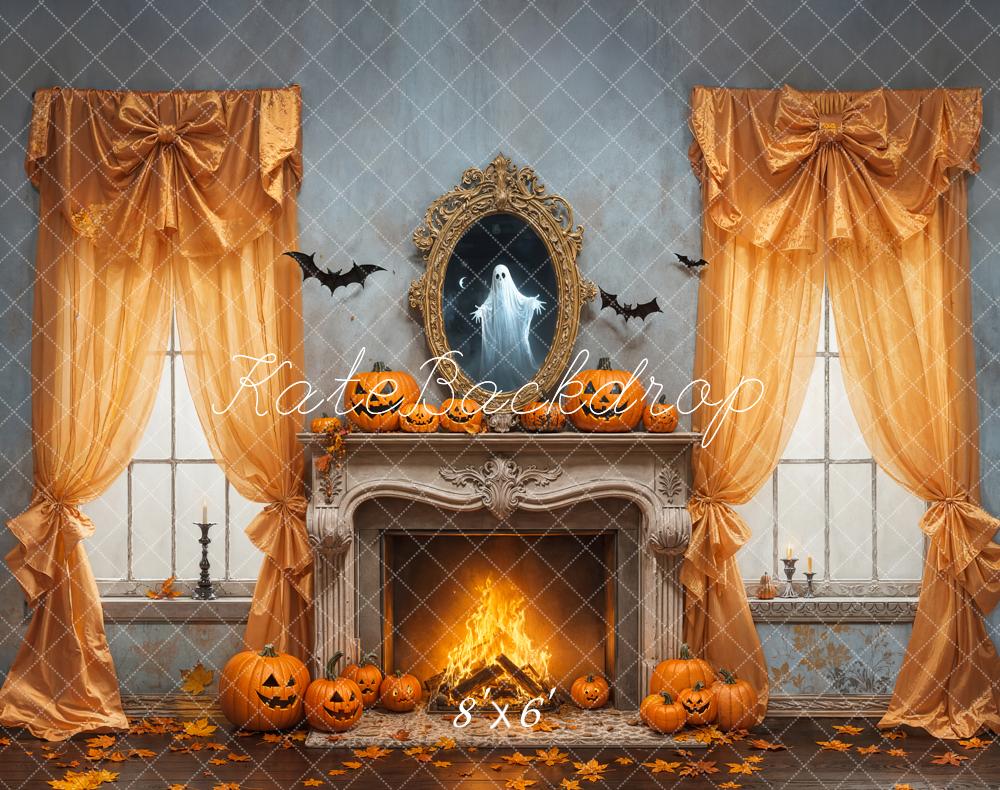 Kate Halloween Cheminée Citrouilles Fenêtre Toile de fond en Laine conçue par Emetselch - Kate Backdrop FR