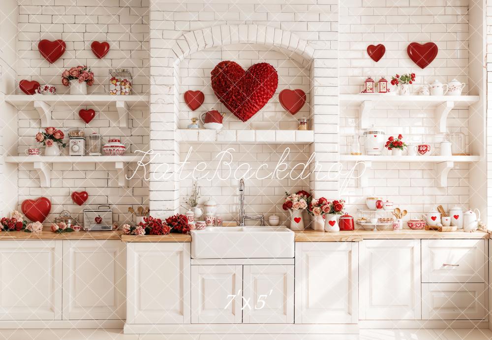 Kate Saint Valentin Cuisine Cœurs Briques Toile de fond conçue par Emetselch - Kate Backdrop FR