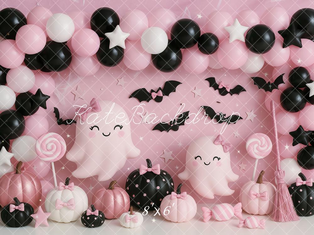 Kate Halloween Fantômes Ballons Bonbon Rose Toile de fond conçue par Ashley Paul - Kate Backdrop FR