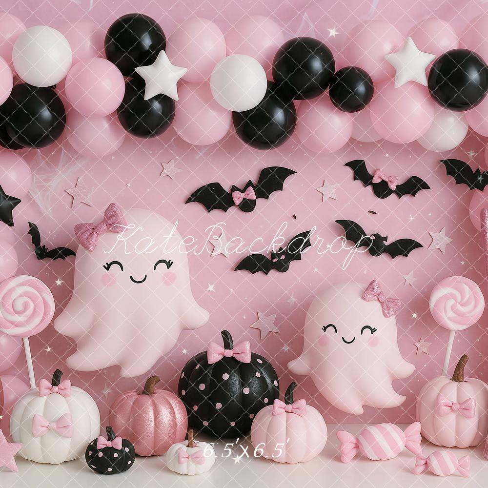 Kate Halloween Fantômes Ballons Bonbon Rose Toile de fond conçue par Ashley Paul - Kate Backdrop FR