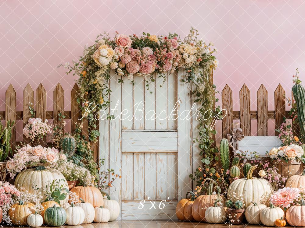 Kate Automne Citrouilles Fleurs Clôture Porte Toile de fond conçue par Emetselch - Kate Backdrop FR