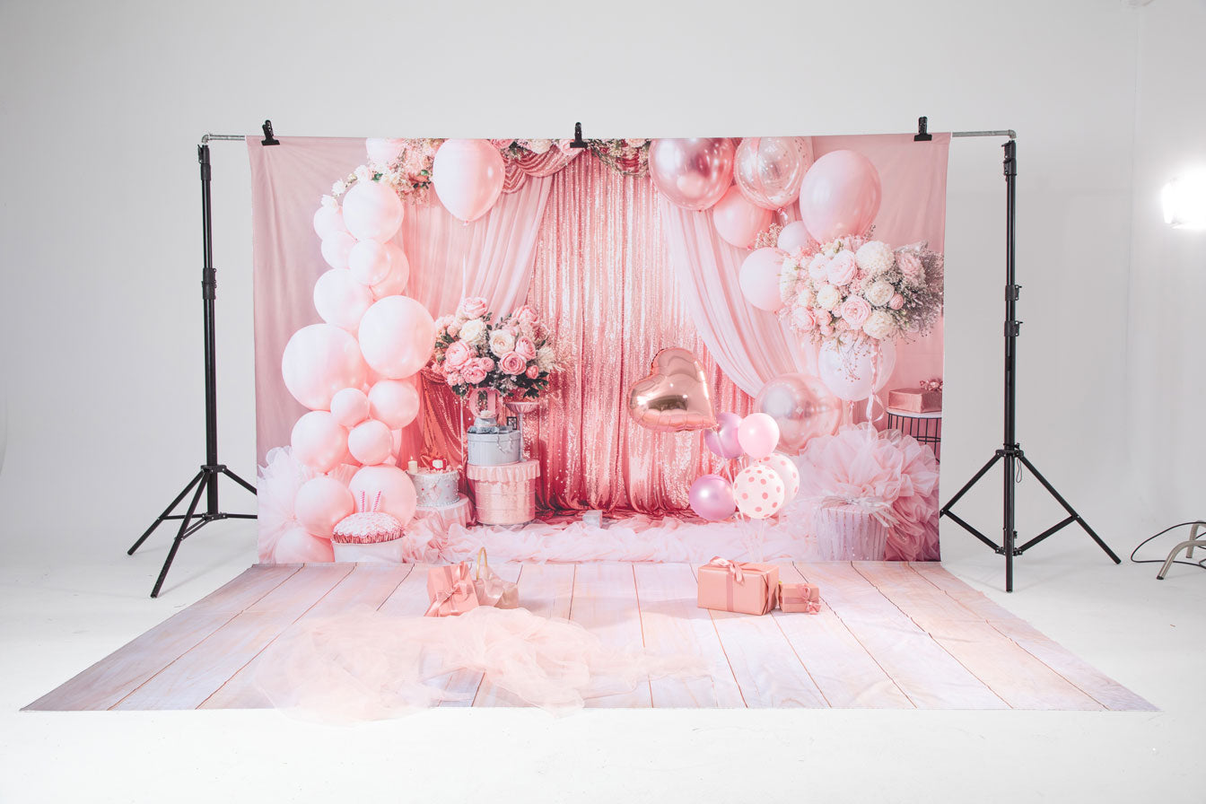 Kate Fleur Rideaux Ballon Rose Gâteau Toile de fond+Bois Rose clair Sol Toile de fond