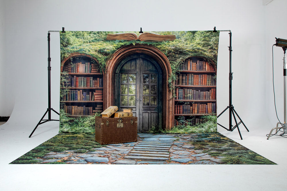 Kate Forêt Étagère à livres Scolaire Arche Toile de fond+Herbe Escaliers en Pierre Sol Toile de fond - Kate Backdrop FR